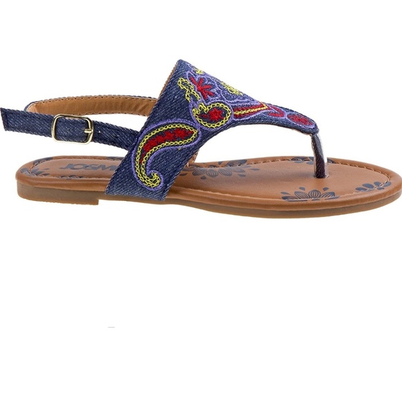 Denim embroidered T strap sandals - Picture 2 of 6